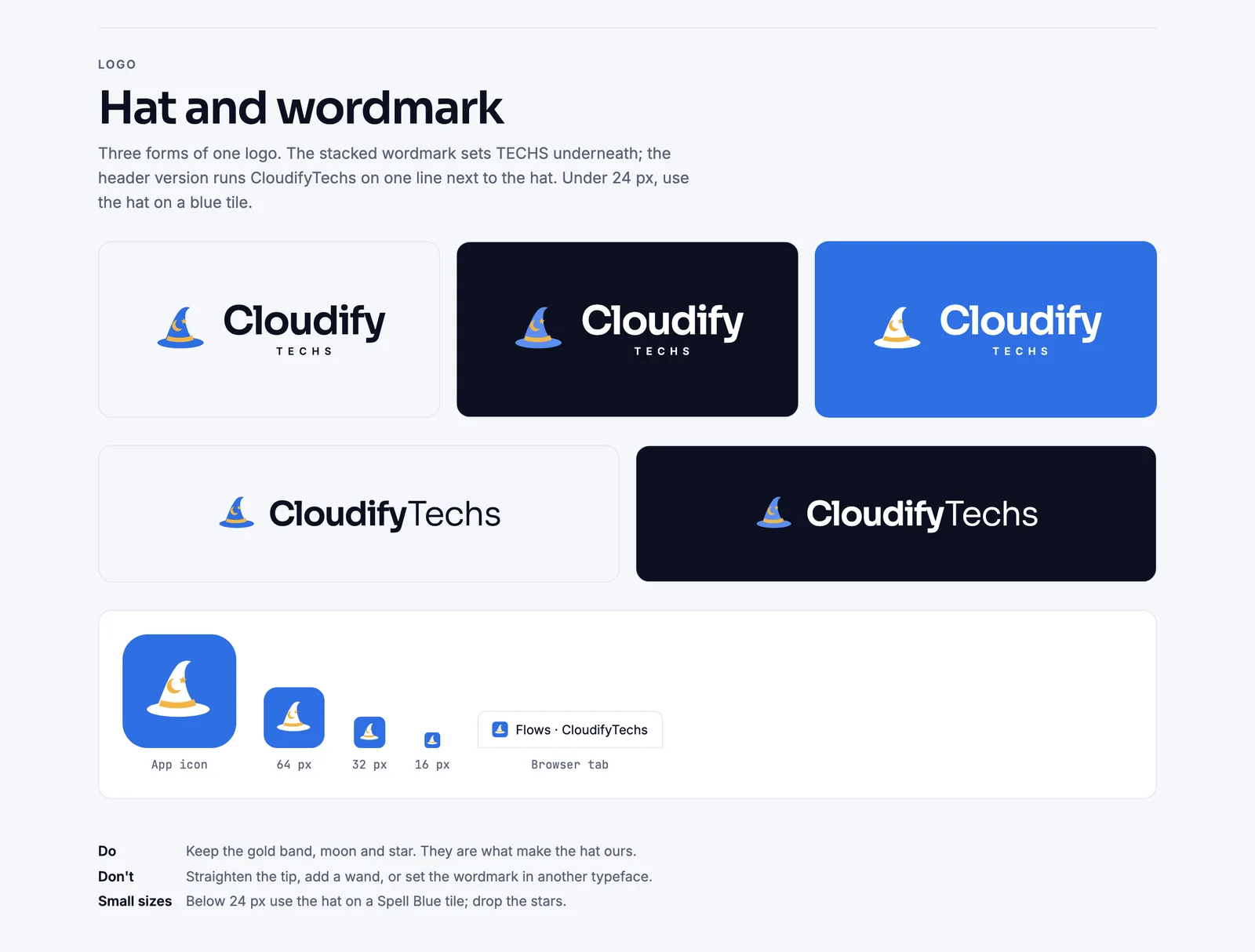 CloudifyTechs stacked and one-line lockups on light, Night and Spell Blue, and app icons down to 16 px