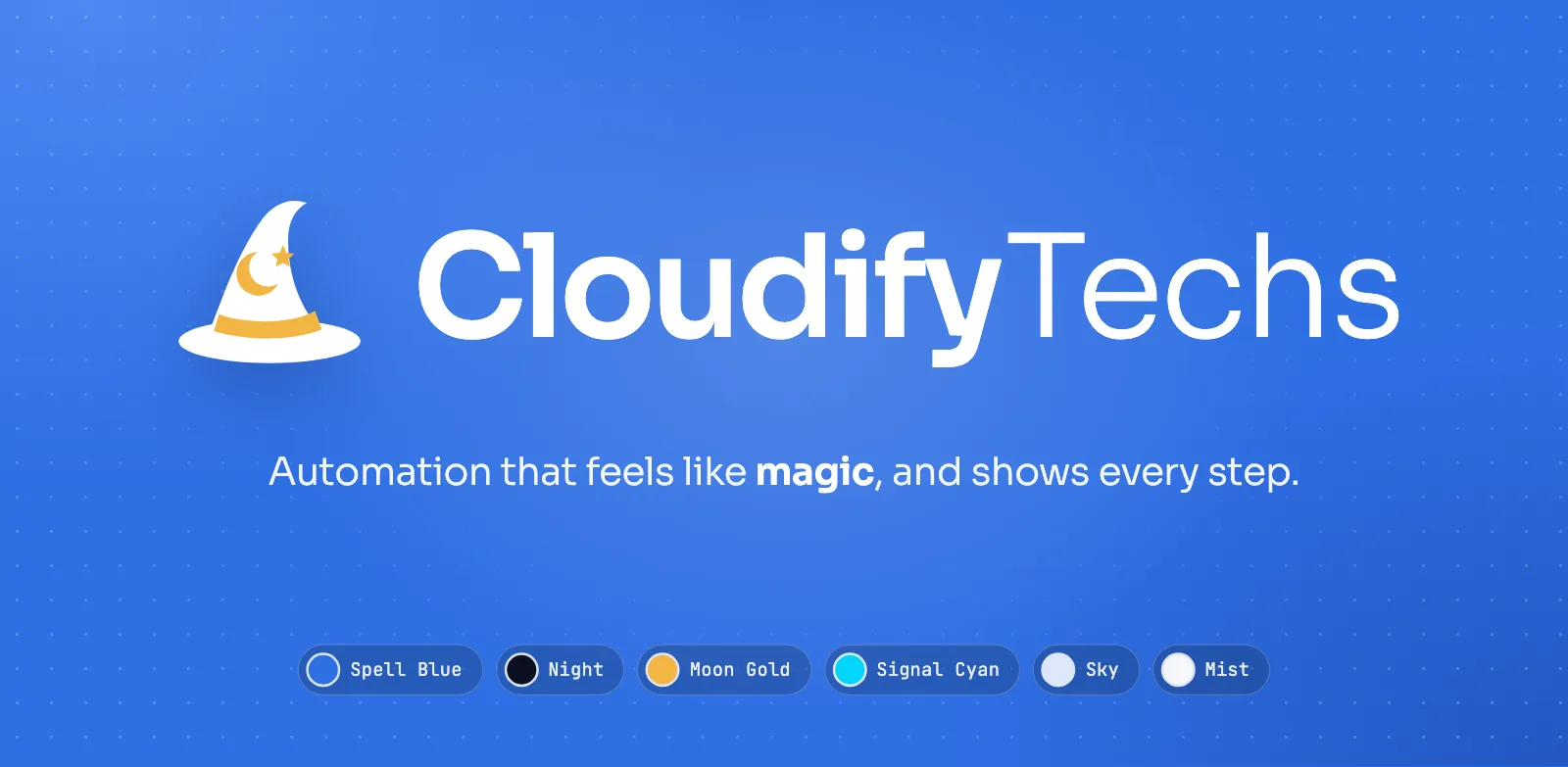 CloudifyTechs logo: a white wizard hat with a gold band, moon and star beside the wordmark, with the six brand colours