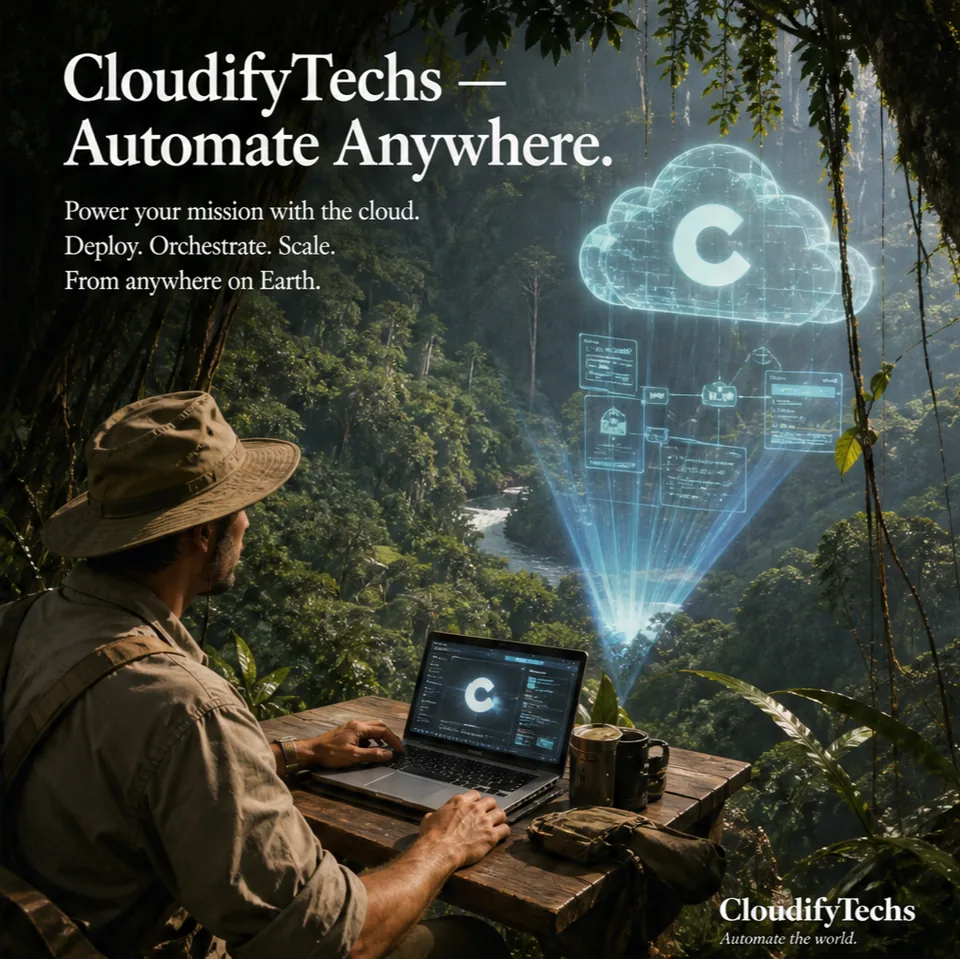 CloudifyTechs 1990s editorial poster: a laptop in the jungle projecting a cloud