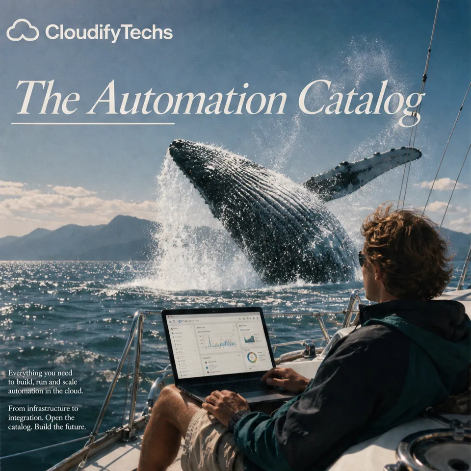 CloudifyTechs editorial poster: a whale breaching beside a sailor working on a laptop, titled The Automation Catalog