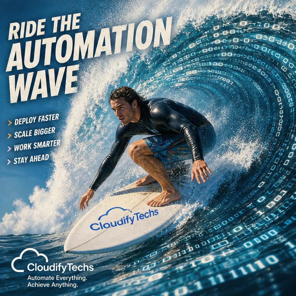 CloudifyTechs retro poster: a surfer on a wave of binary code
