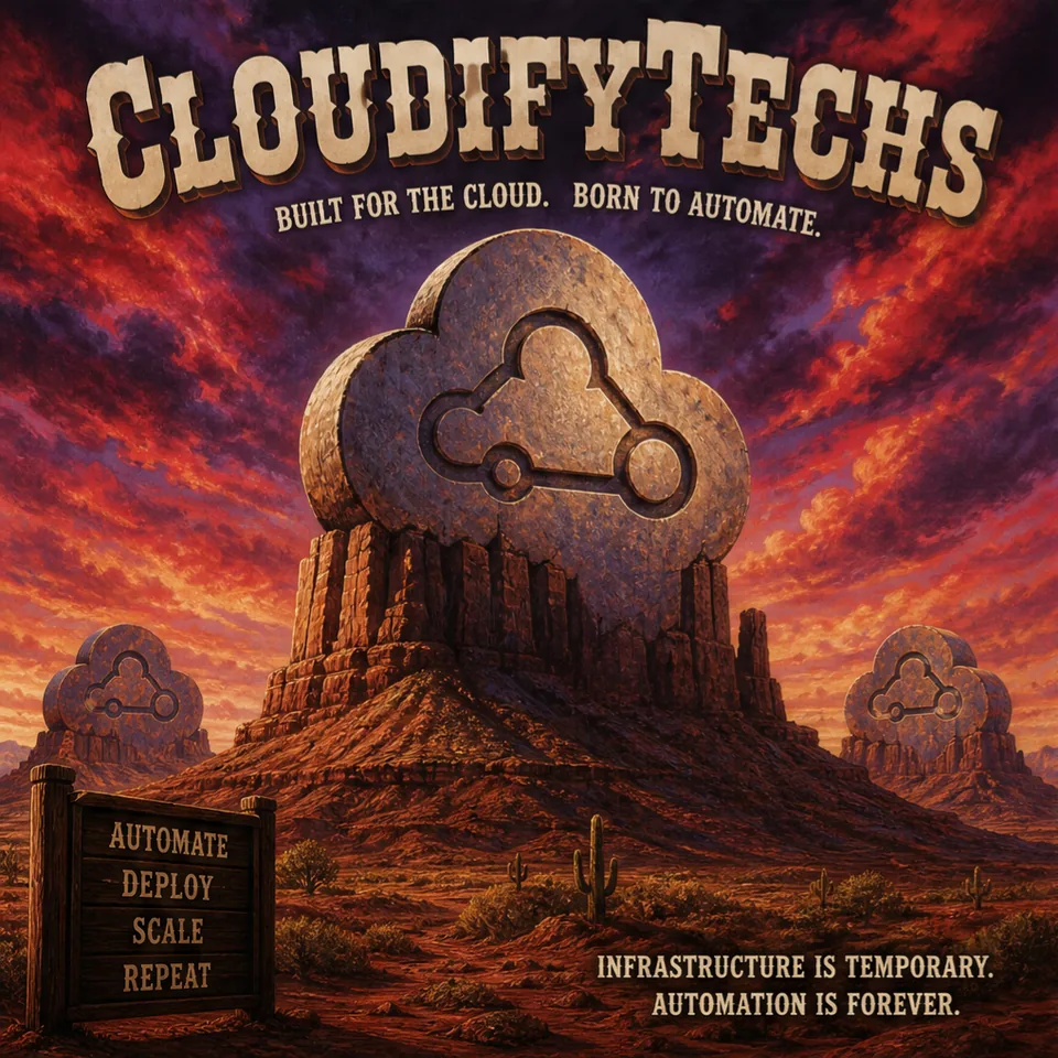 CloudifyTechs retro pulp poster: a cloud-shaped mesa in a red desert
