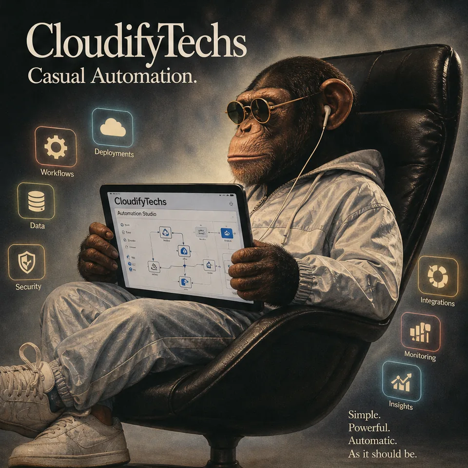 CloudifyTechs editorial poster: a chimpanzee in a lounge chair with a tablet