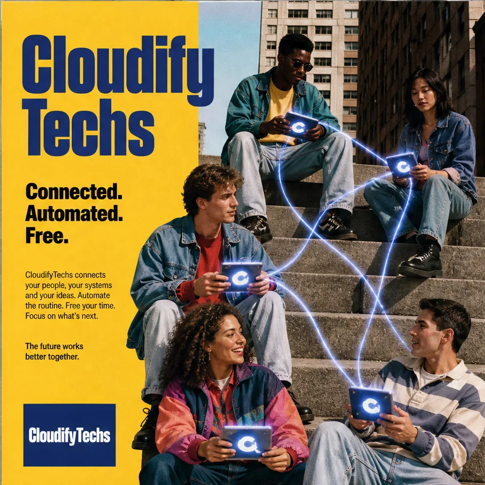 CloudifyTechs 1990s editorial poster: friends on city steps linked by glowing devices