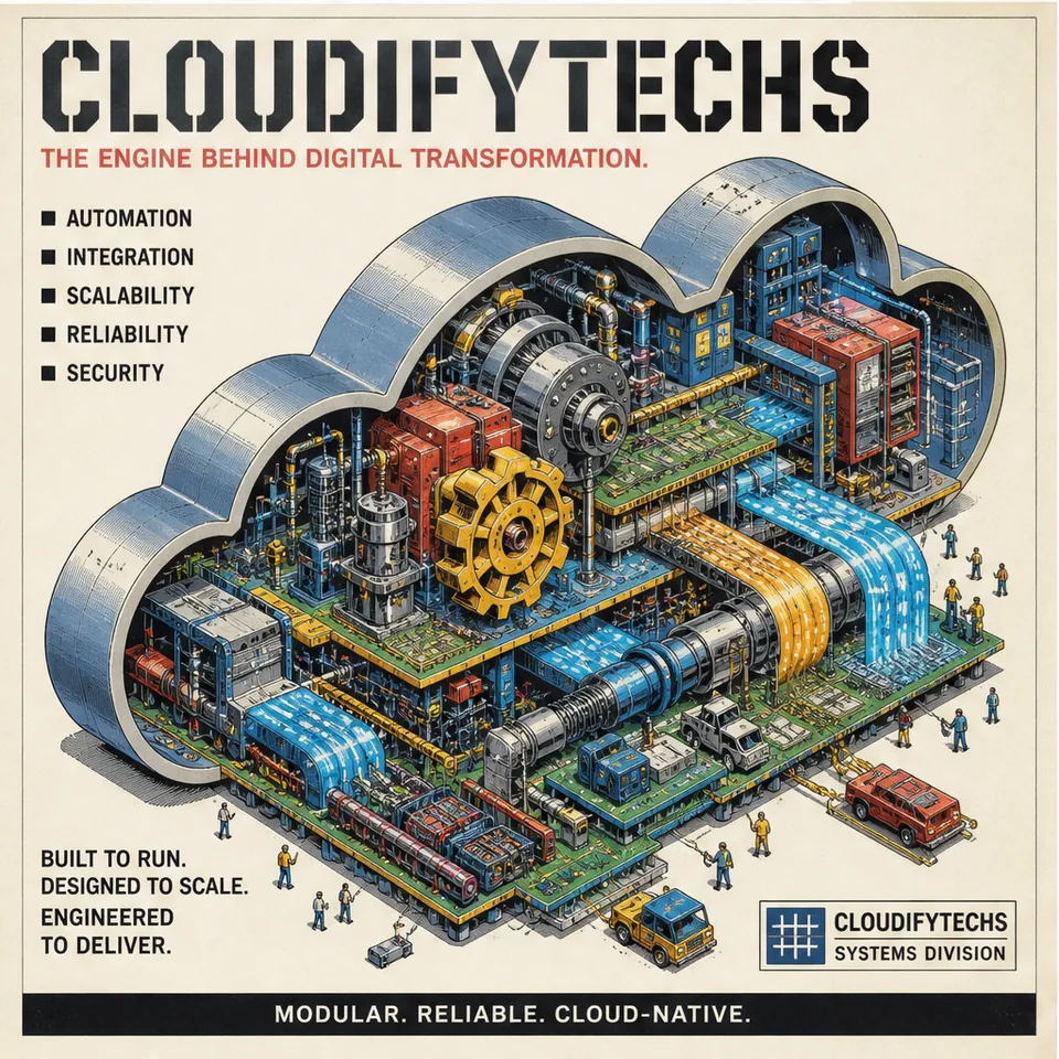 CloudifyTechs retro poster: an isometric cut-away cloud engine