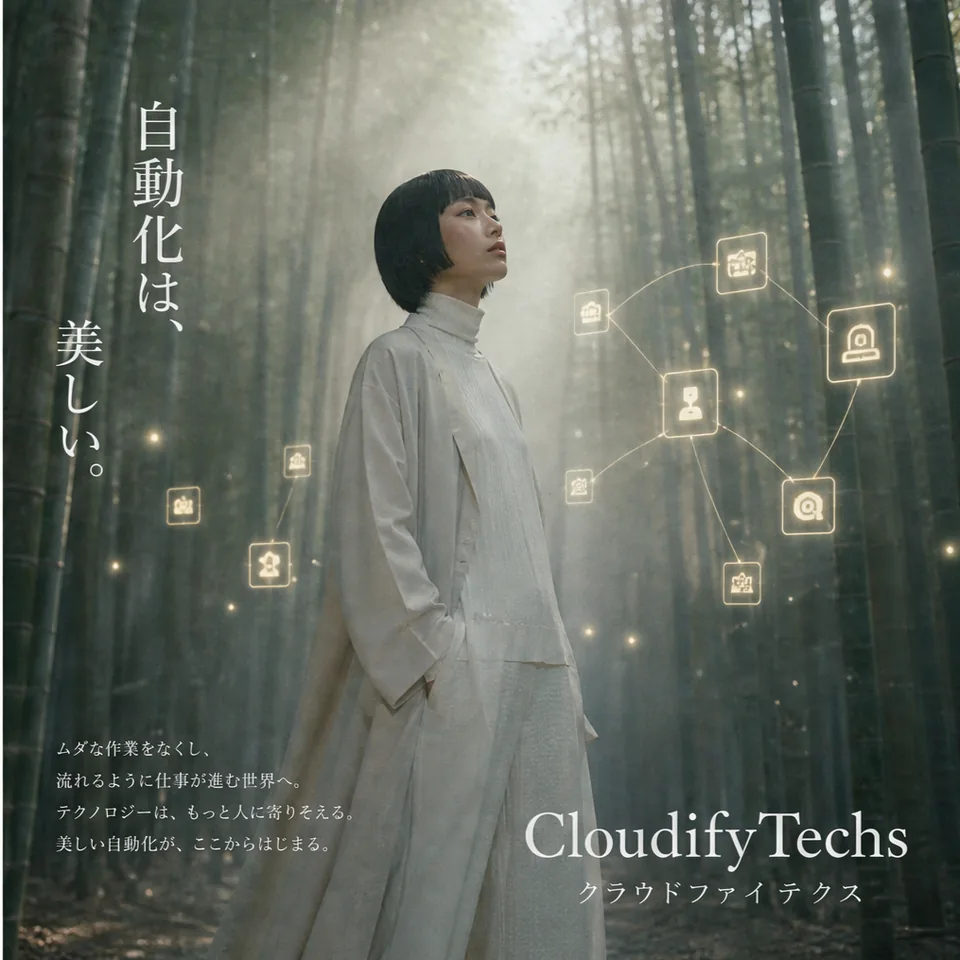CloudifyTechs Japanese editorial poster: a woman in a bamboo forest with glowing workflow icons