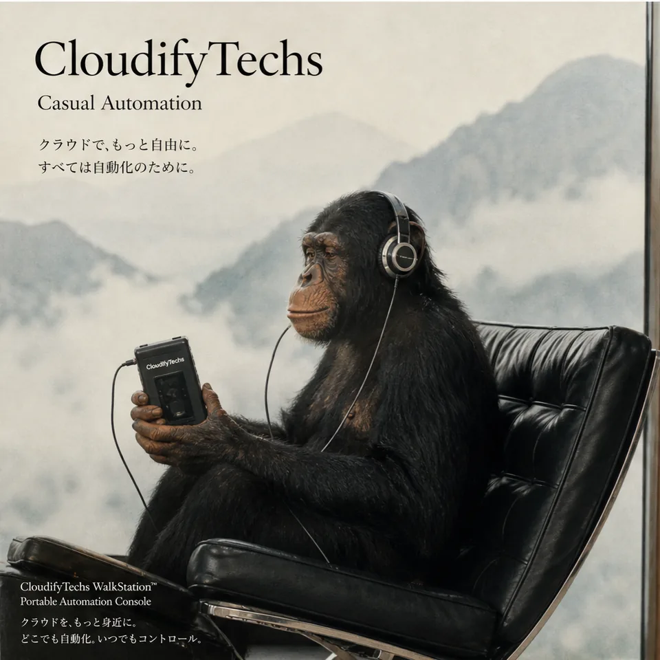 CloudifyTechs Japanese editorial poster: a chimpanzee with headphones and a portable console