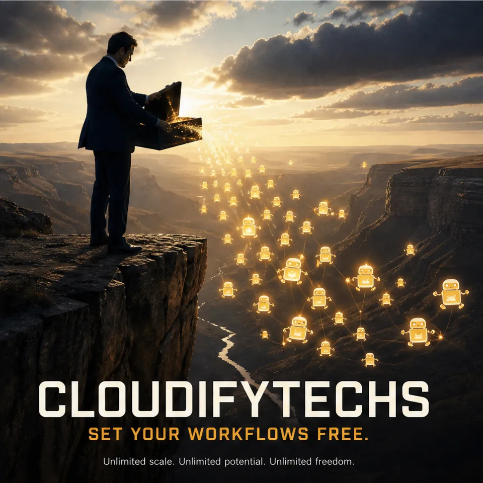 CloudifyTechs poster: a man releasing glowing lanterns over a canyon at dusk, headline Set your workflows free