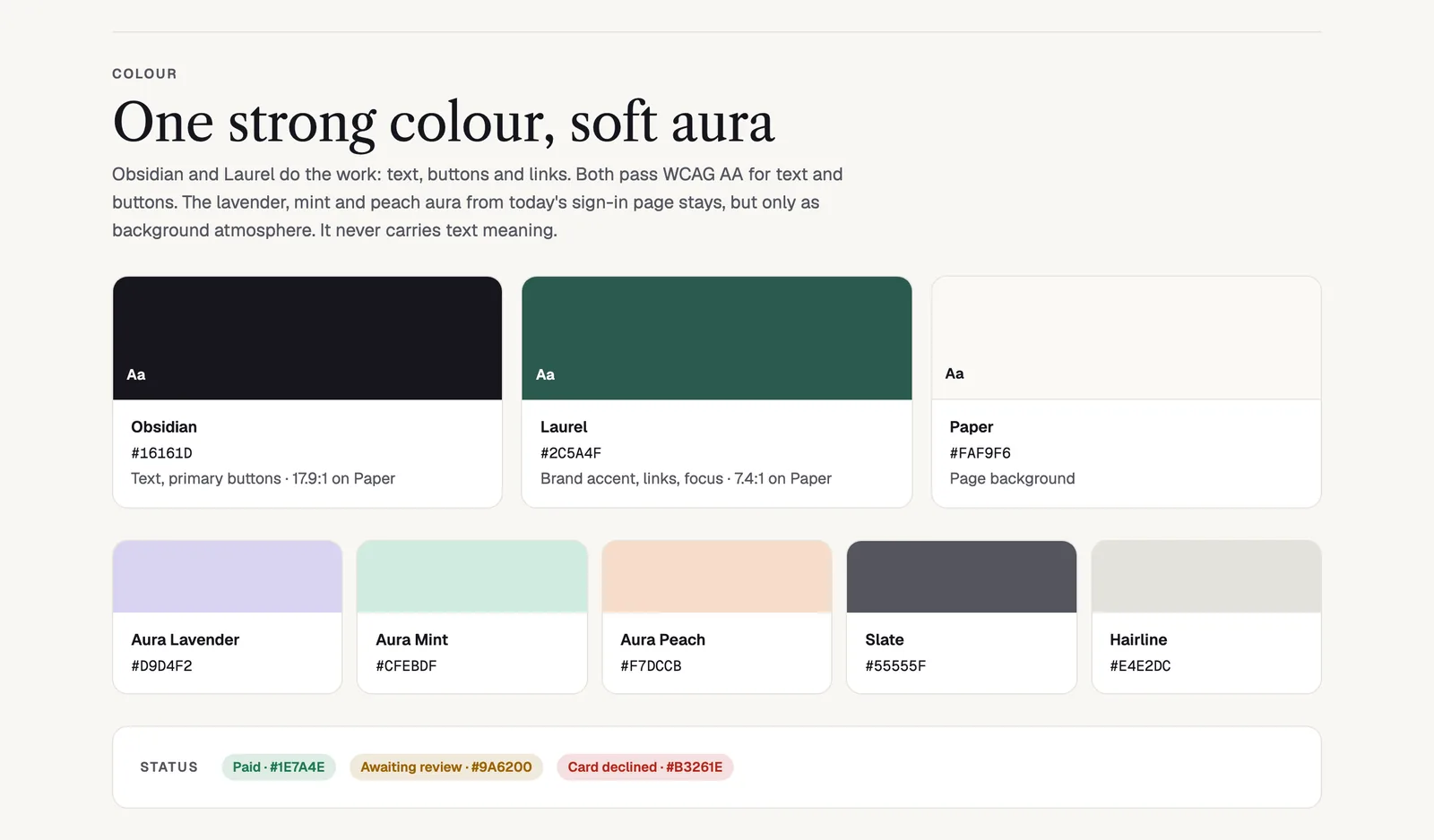 MythicEMR palette: Obsidian, Laurel and Paper, with lavender, mint and peach aura colours and status colours