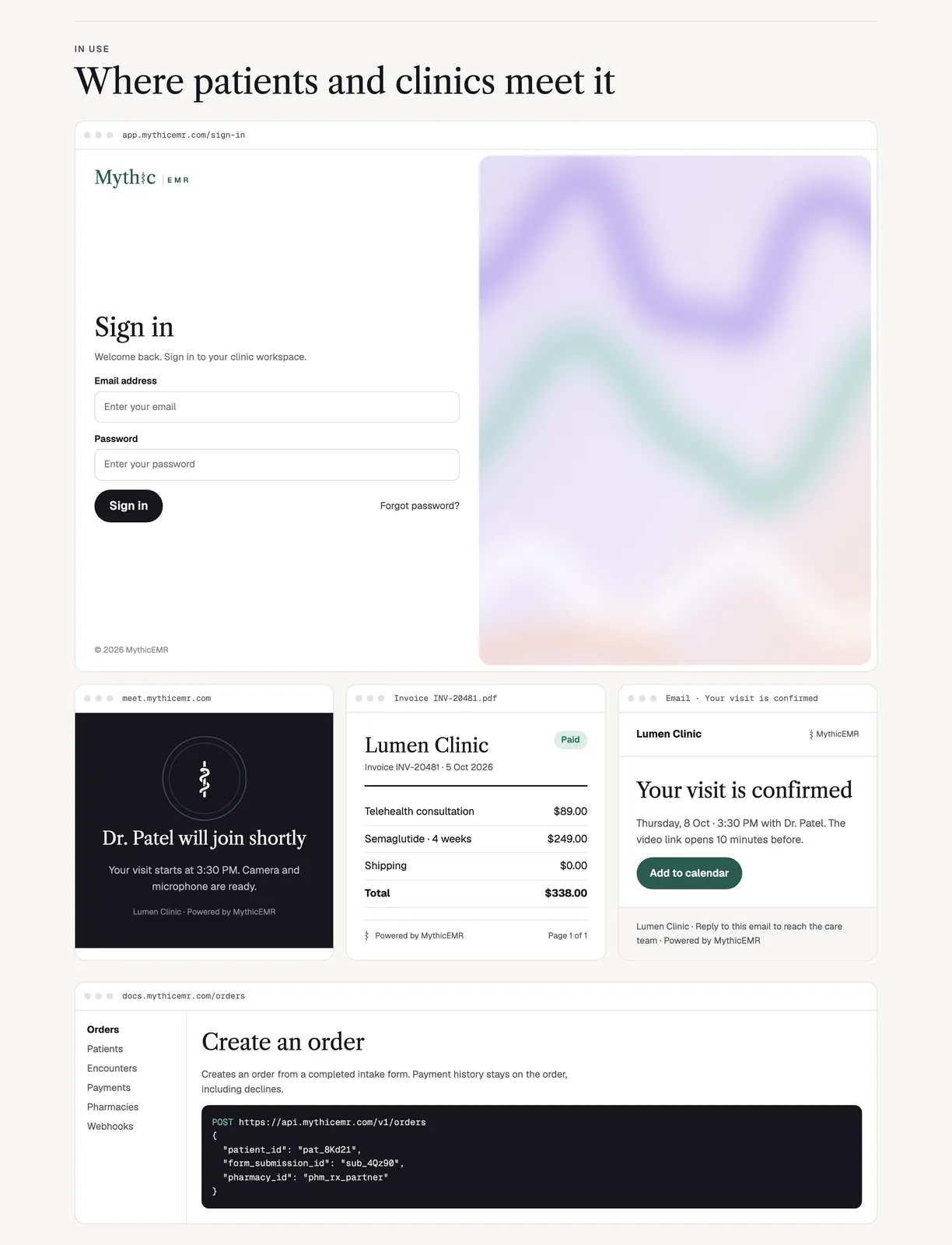 MythicEMR in use: sign-in, video-visit card, invoice, email and API docs