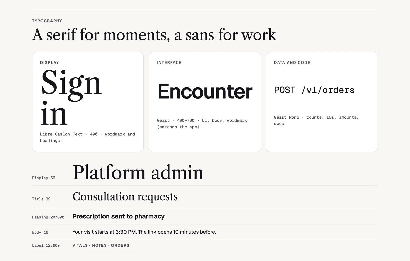 MythicEMR type: Libre Caslon, Geist and Geist Mono