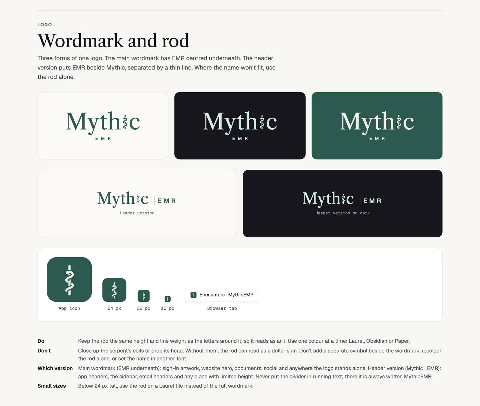 MythicEMR wordmark on Paper, Obsidian and Laurel, with header lockups and app icons down to 16 px