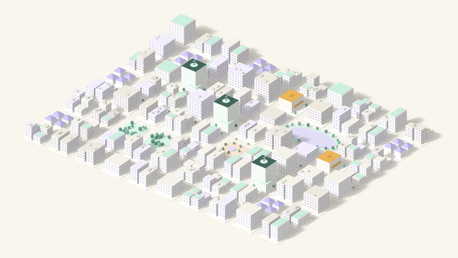 Isometric district of homes, clinics and pharmacies from the MythicEMR site