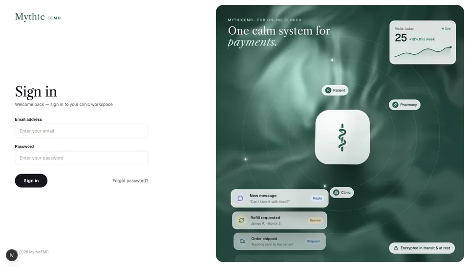 MythicEMR clinic sign-in screen beside a Laurel panel