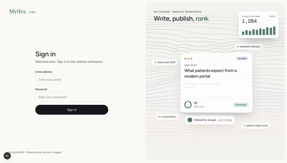 MythicEMR website-workspace sign-in screen