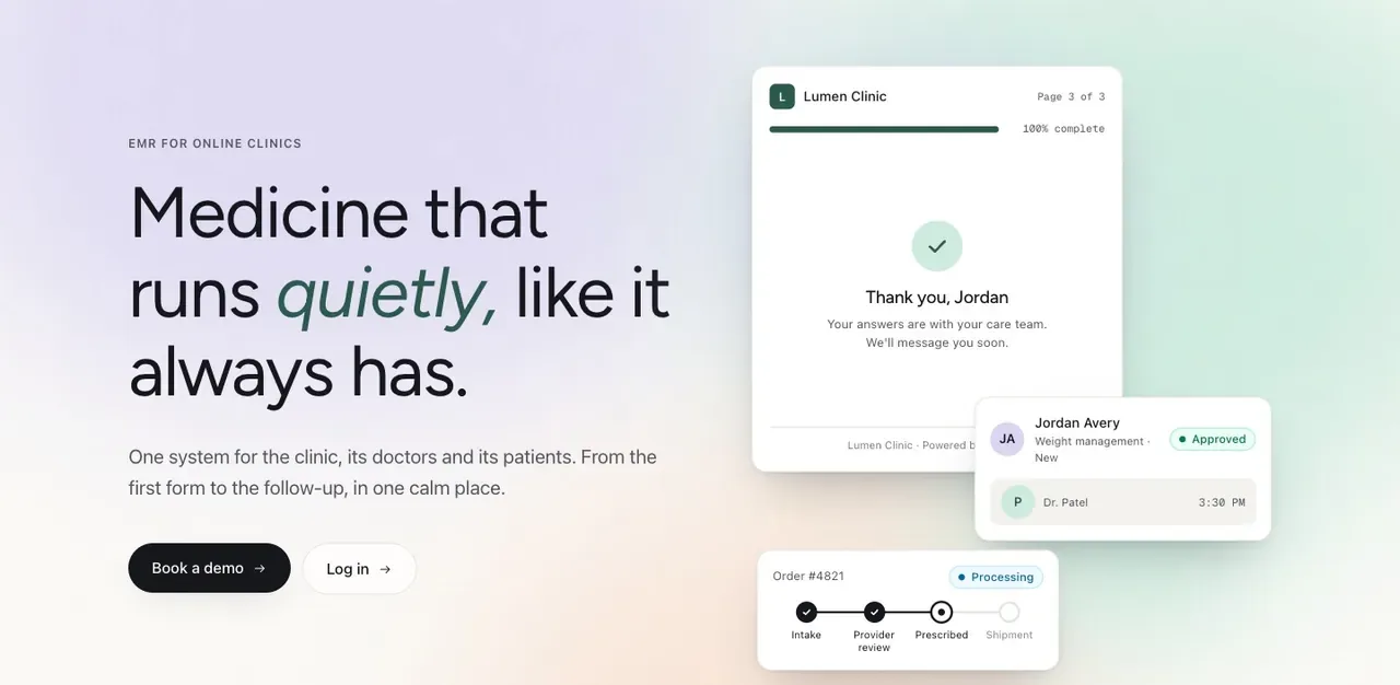 MythicEMR home page hero with aurora gradients and an intake form