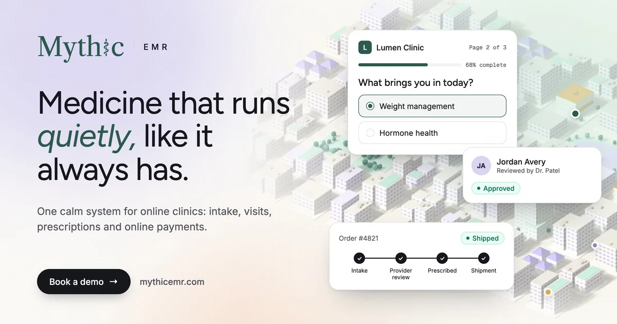 MythicEMR social card: Medicine that runs quietly, like it always has, beside an intake form card