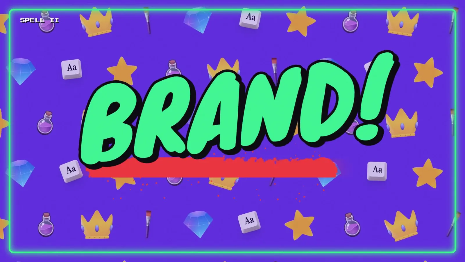 Spellbook chapter card reading BRAND! on a purple sticker pattern