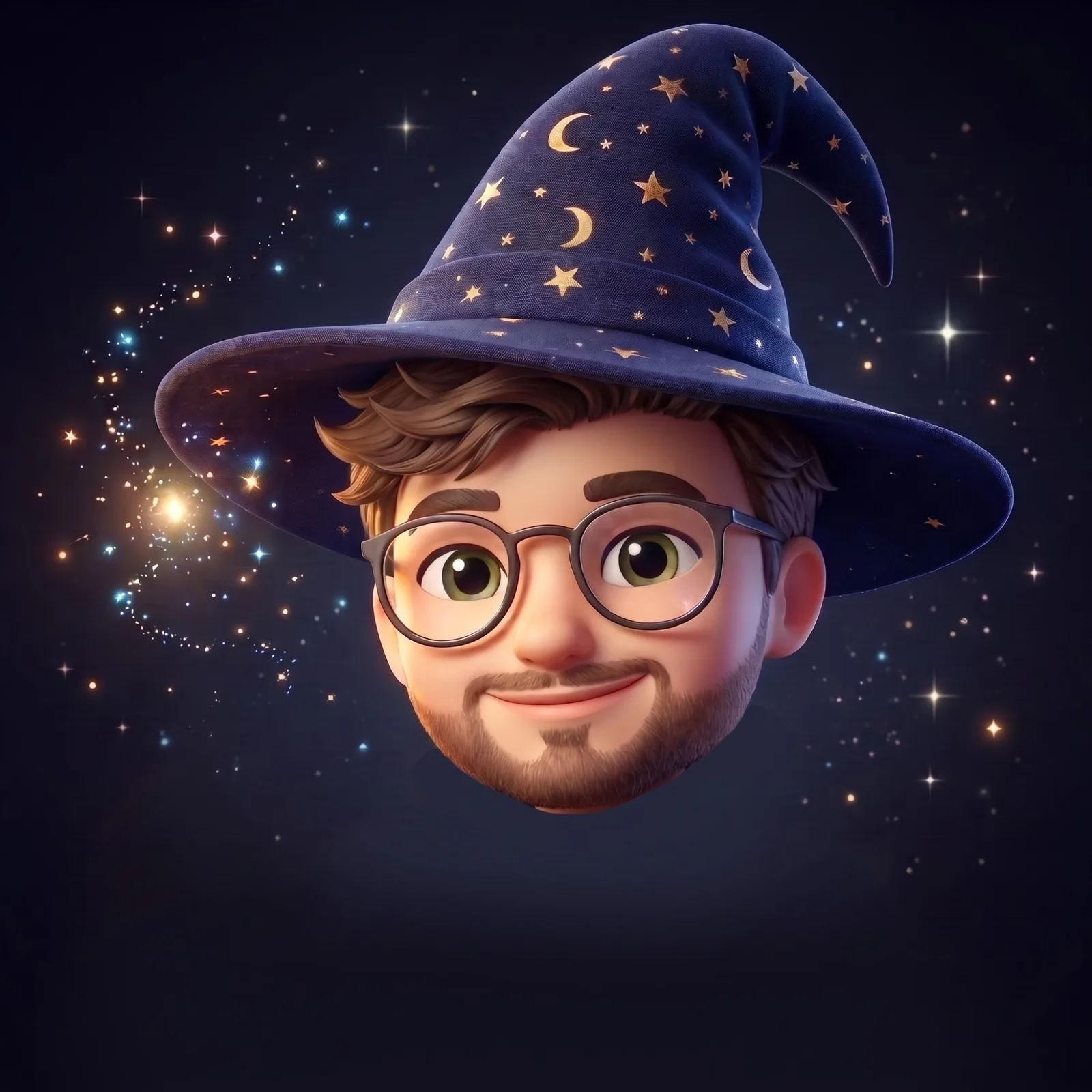 Wathek as a 3D avatar in a starry wizard hat