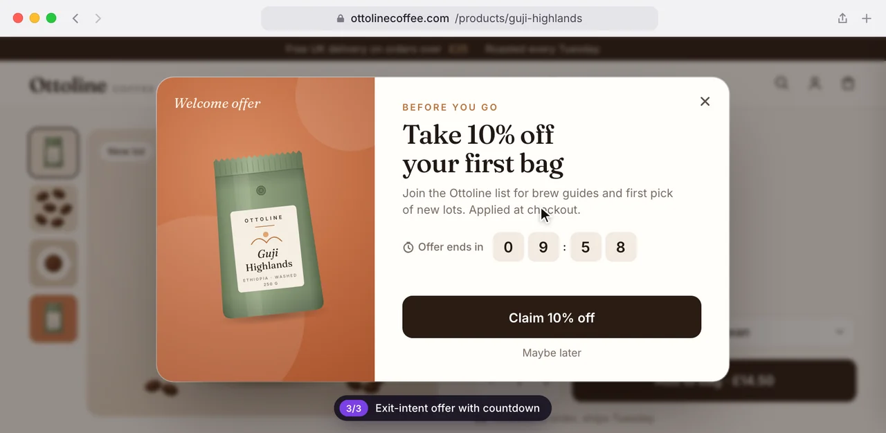 Mock-up with an invented coffee shop: an exit-intent offer for 10 per cent off the first bag, with a countdown and a Maybe later link