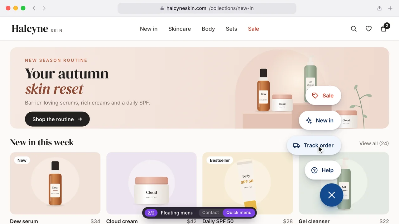 Mock-up with an invented skincare store: a floating button open to four options, Sale, New in, Track order and Help