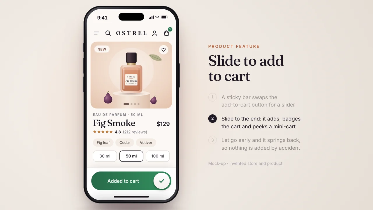 Mock-up with an invented store: a phone product page with a slide to add to cart bar at the bottom