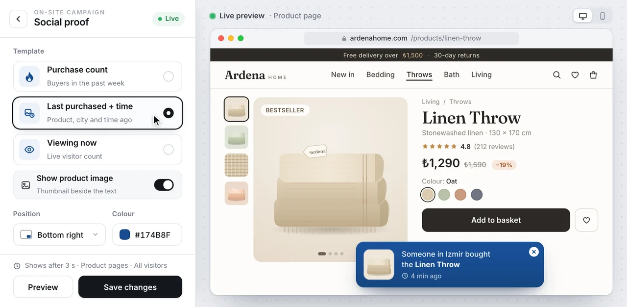 Mock-up with an invented store: a social-proof builder with three templates beside a product page showing a toast that someone in Izmir bought the linen throw