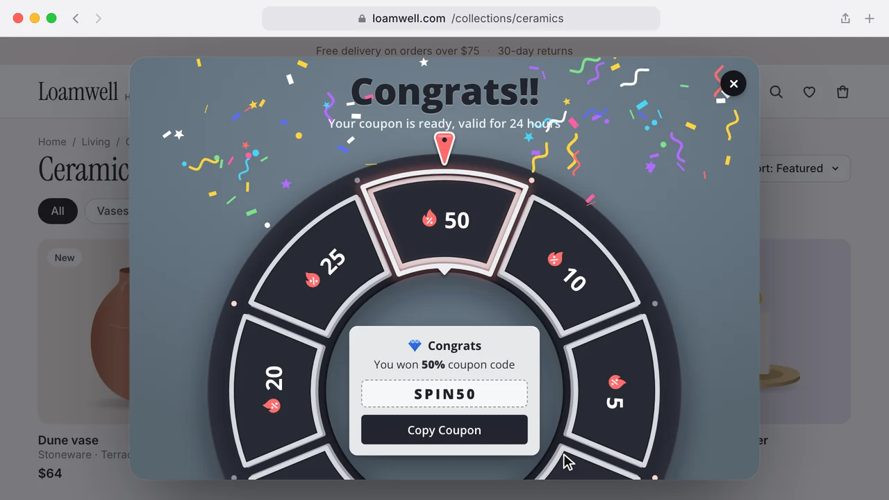 Mock-up with an invented store: a coupon wheel over a ceramics shop, revealing a 50 per cent code with a copy button