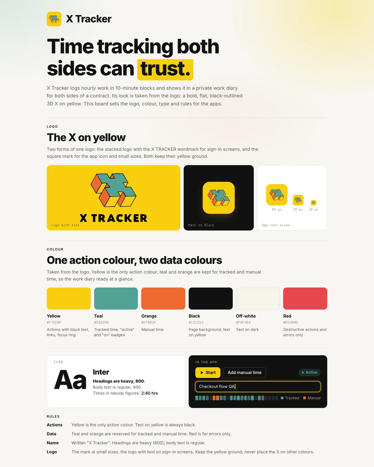 X Tracker brand board: the logo on yellow, six colours with their roles, Inter type and the rules