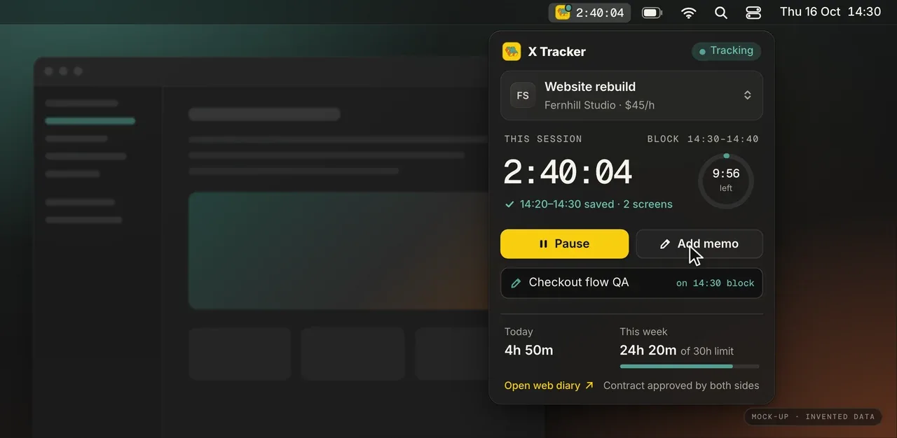 Mock-up with invented data: the X Tracker menu-bar timer with a yellow Pause button